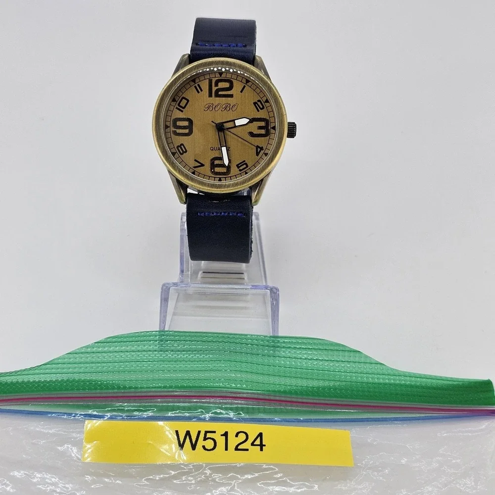 42MM Men's Analog Watch Gold Dial Dark‎ Blue Leahter Bands New Battery